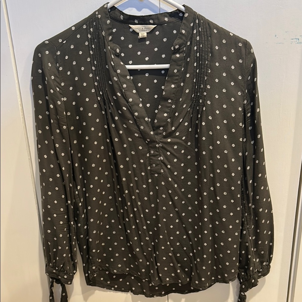 Lucky Brand Olive Cuffed Sleeve Blouse with Mandarin Collar